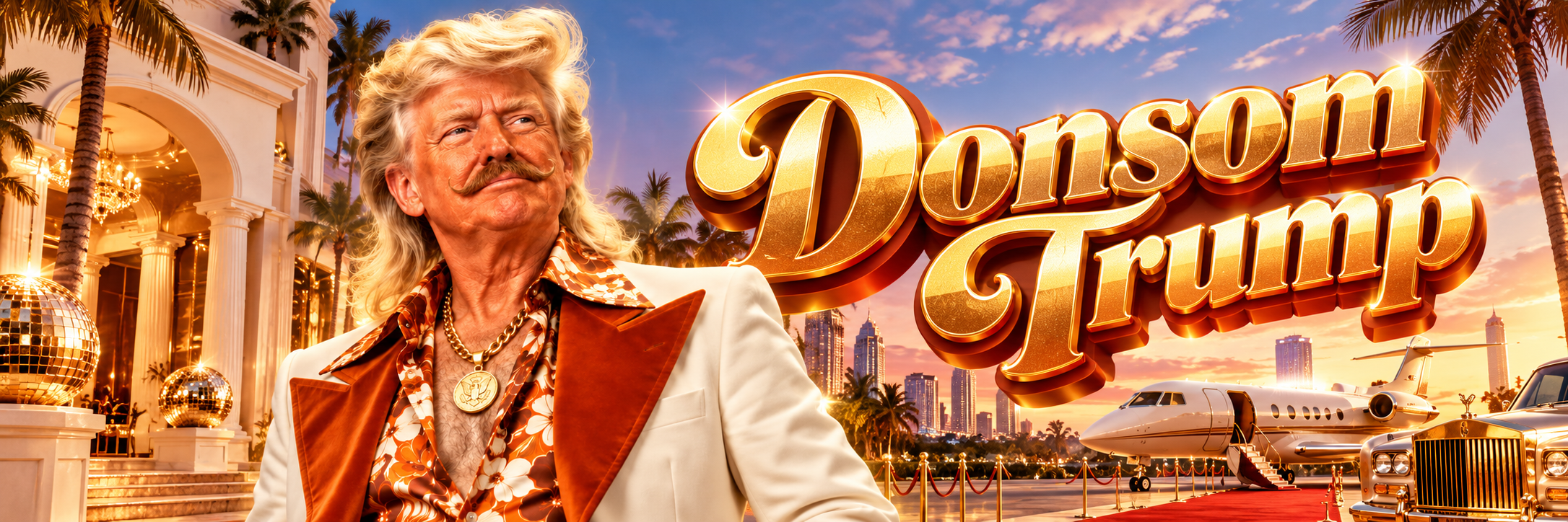 Donsom Trump beside a gold Donsom Trump sign at a sunset disco entrance with palms, a disco ball, and a velvet rope